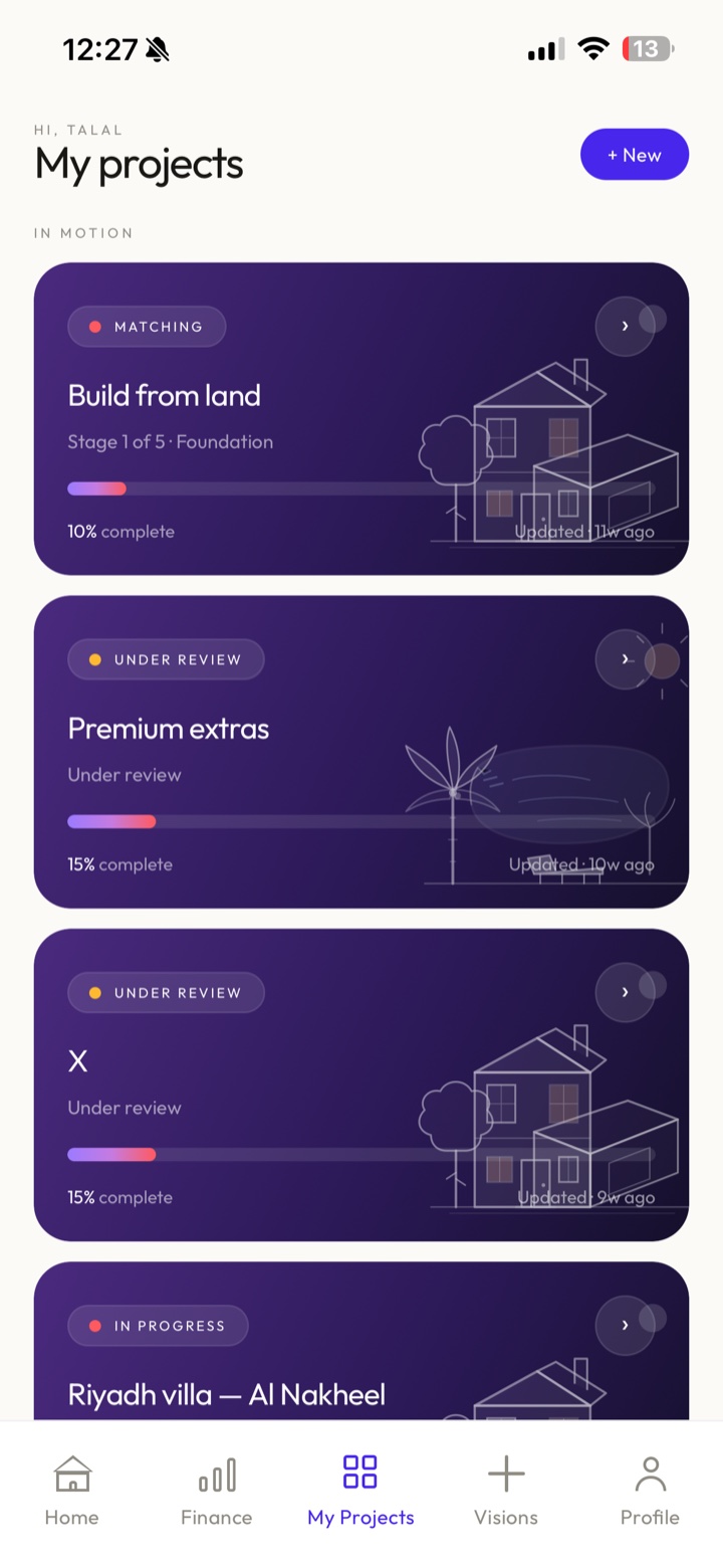 Ertah app: My Projects screen