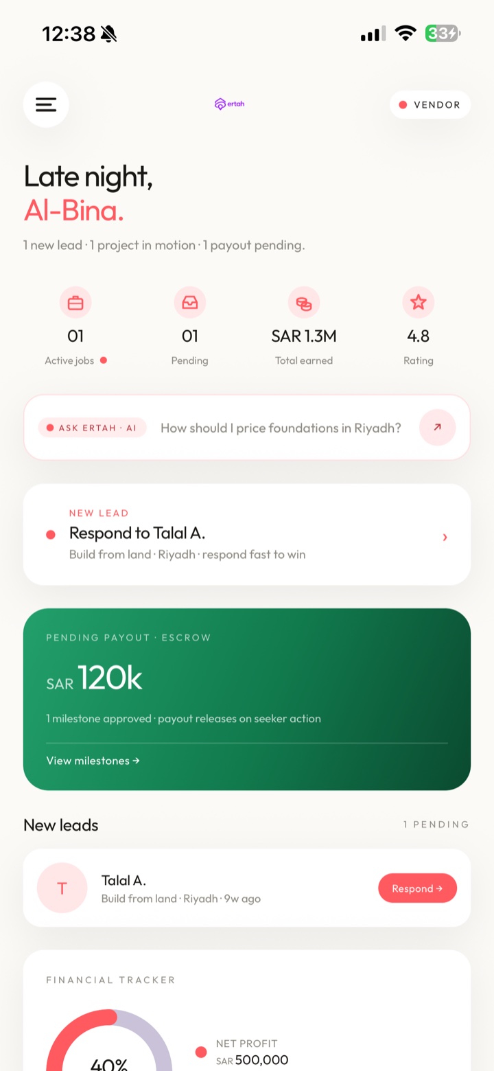 Ertah vendor app: dashboard with leads, jobs, and payouts