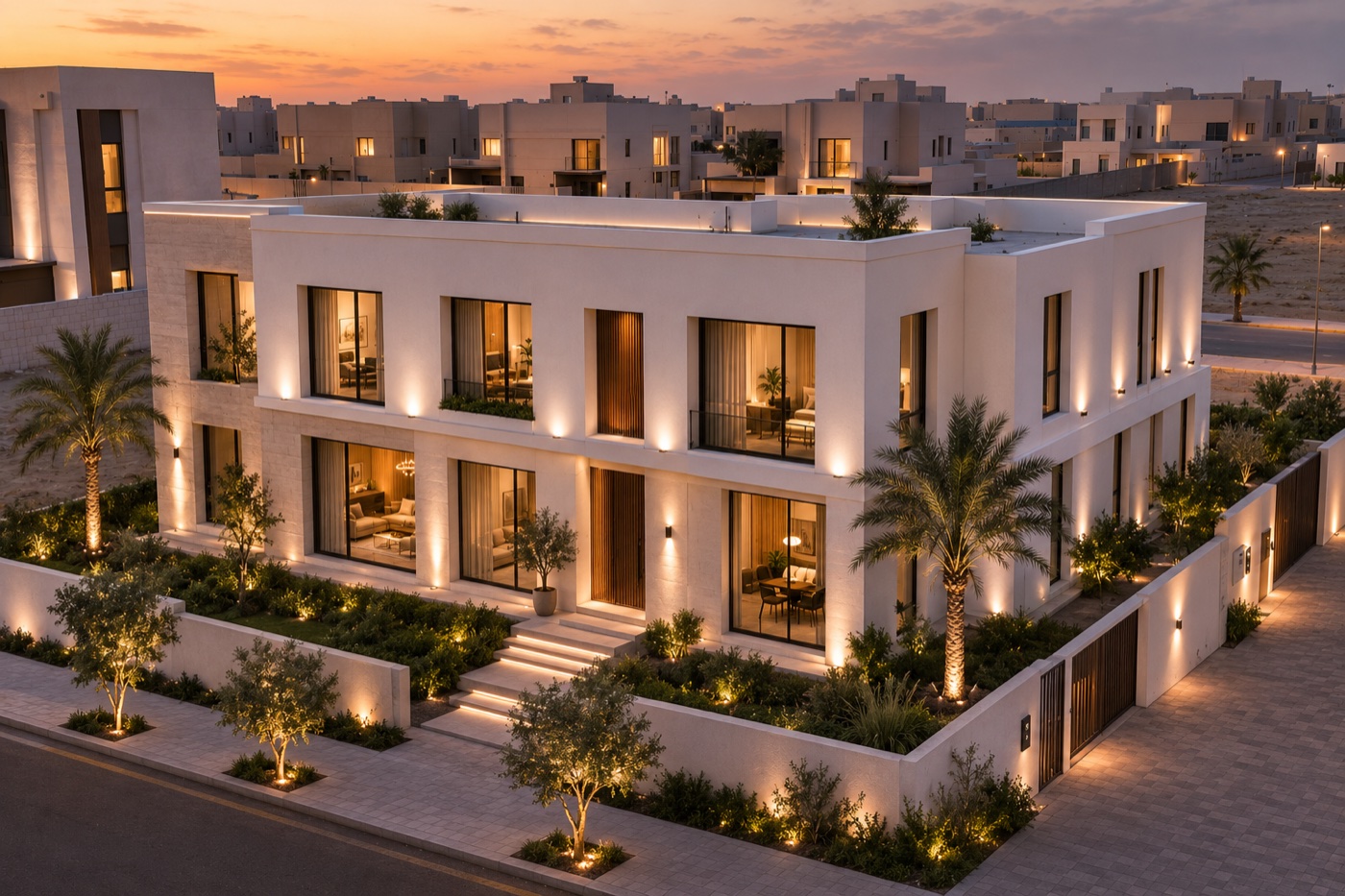 Completed villa at sunset